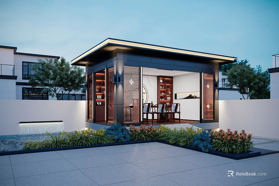 Modern Garden Pavilion With Lush Greenery Colorful Flowers And Stone Pathway 3d model 