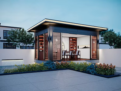 Modern Garden Pavilion With Lush Greenery Colorful Flowers And Stone Pathway 3d model