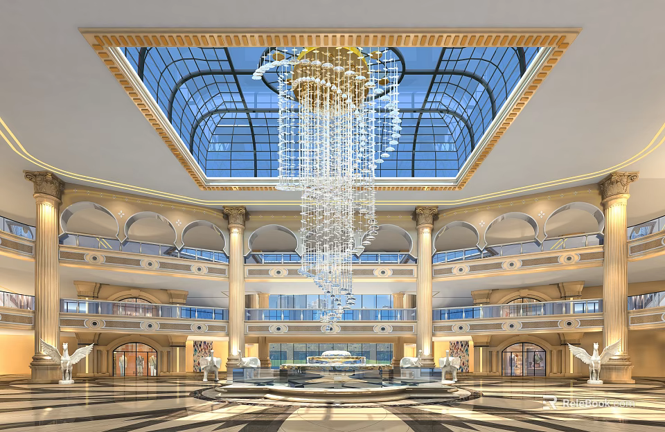 Luxurious Hotel Lobby With Glass Skylight Crystal Chandelier And Arched Columns 3d model 