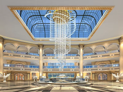 Luxurious Hotel Lobby With Glass Skylight Crystal Chandelier And Arched Columns 3d model