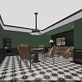 Green Wall Living Room Interior With Black Trim Geometric Flooring Orange Chairs And Sofa
