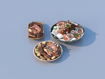 Delicious Grilled Meat Dishes With Fresh Onions And Herbs On Three Plates 3d model