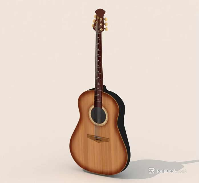 Elegant Acoustic Guitar With Natural Wooden Body Dark Neck And Chrome Tuning Pegs 3d model 