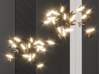 Modern Gold Origami Inspired Wall Decor With Illuminated Lighting On Dark Textured Wall 3d model
