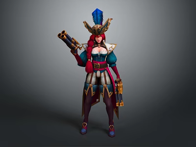 Game Movie Character Female Warrior With Feathered Headdress Dual Pistols Red Blue Gold Ornate Outfit 3d model