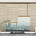 Bamboo Blinds in Modern Interior with City View and Potted Plant Tea Set on Table