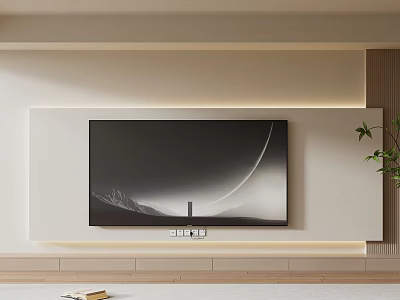 Modern Minimalist TV Wall With Light Colored Panel Wooden Accents Soft Lighting And Green Plant 3d model
