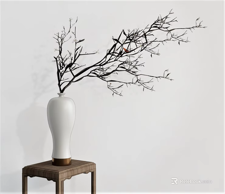 White Ceramic Vase With Natural Branches On Wooden Stool Against White Wall 3d model 