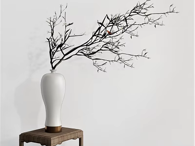 White Ceramic Vase With Natural Branches On Wooden Stool Against White Wall 3d model