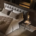 Elegant Modern Double Bed With Dark Headboard Cozy Bedding And Side Chair On Wooden Floor