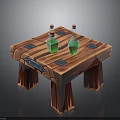 Vintage Wooden Table With Four Legs And Two Green Glass Bottles On Top