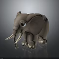 3D Model Cartoon Elephant Character with Big Eyes White Tusks Gray Body on Black Background