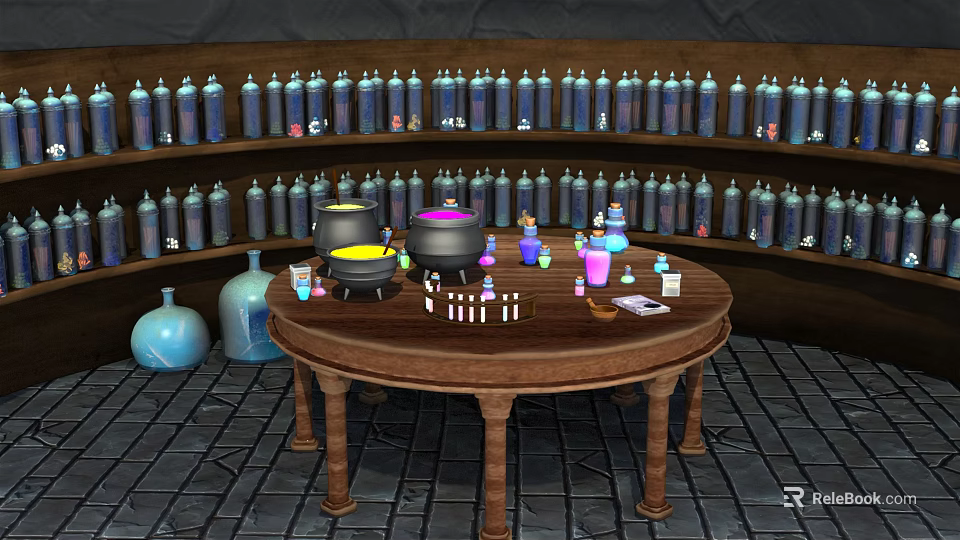 Cartoon Magical Potion Scene With Round Wooden Table Cauldrons Colorful Bottles Shelves And Stone Floor 3d model 