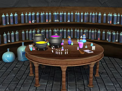 Cartoon Magical Potion Scene With Round Wooden Table Cauldrons Colorful Bottles Shelves And Stone Floor 3d model