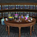 Cartoon Magical Potion Scene With Round Wooden Table Cauldrons Colorful Bottles Shelves And Stone Floor