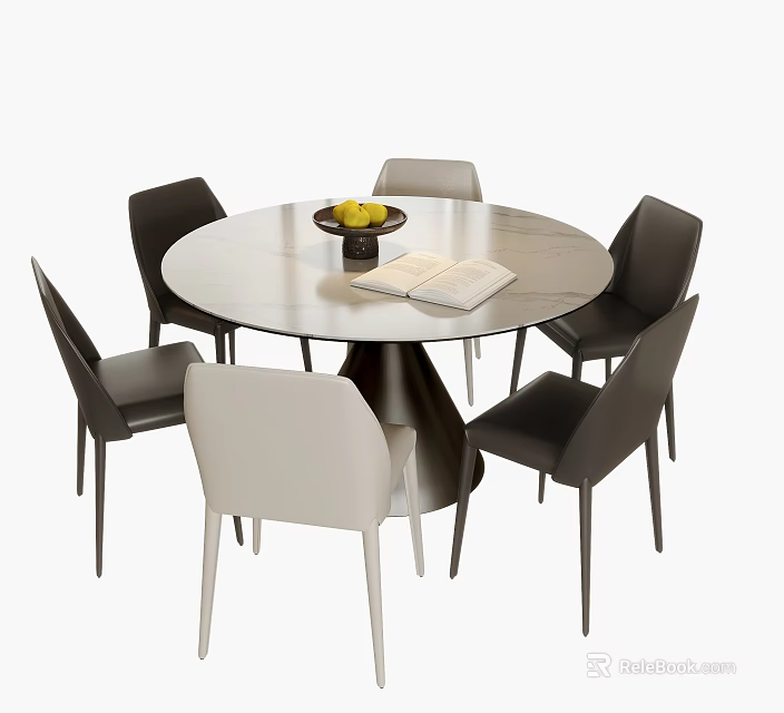 Modern Round Dining Table Set With Light And Dark Chairs Fruit Plate And Open Book 3d model