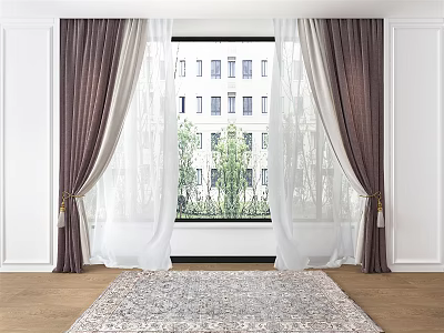 Modern Brown And White Window Curtains With Sheer Layers And Outdoor Plants 3d model