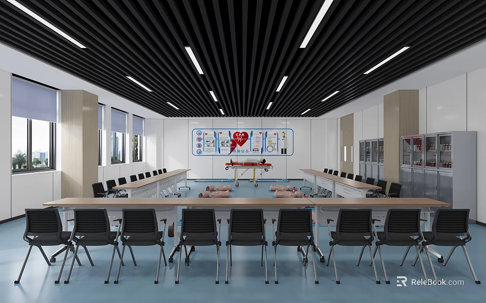 Modern Medical Training Room With Rows Of Chairs Long Tables And Mannequins 3d model 