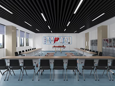 Modern Medical Training Room With Rows Of Chairs Long Tables And Mannequins 3d model