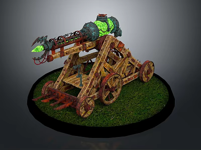 Ancient Siege Weapon With Wooden Frame Glowing Green Component And Wheels 3d model