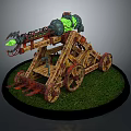 Ancient Siege Weapon With Wooden Frame Glowing Green Component And Wheels