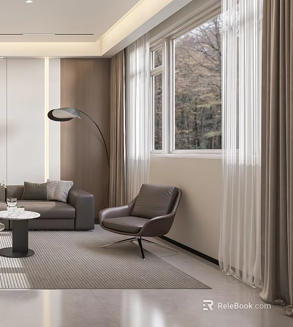 Modern Brown Leather Lounge Chair In Bright Minimalist Living Room Next To Large Window 3d model 
