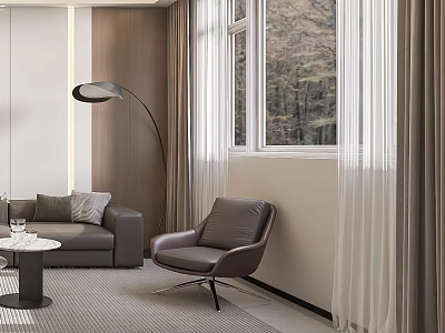 Modern Brown Leather Lounge Chair In Bright Minimalist Living Room Next To Large Window 3d model