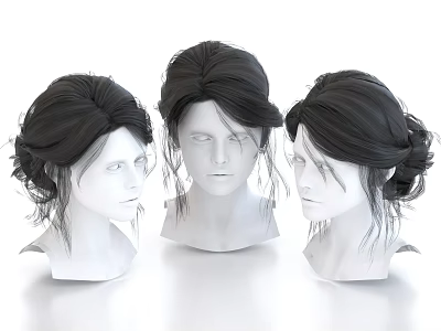 Three White Mannequin Heads With Various Black Hairstyles Decorative Ornament Set 3d model