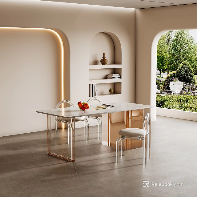 Modern Dining Room Interior Design With White Table Metal Legs Arched Niche And Garden View 3d model 