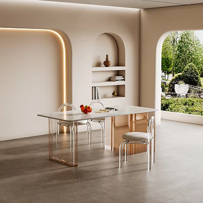 Modern Dining Room Interior Design With White Table Metal Legs Arched Niche And Garden View 3d model