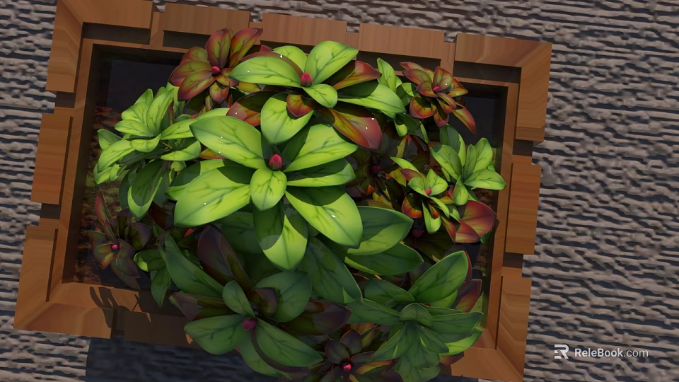 Vibrant Lush Garden Decor With Green And Red Leaves In Natural Wooden Frame 3d model 
