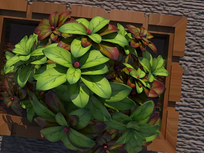 Vibrant Lush Garden Decor With Green And Red Leaves In Natural Wooden Frame 3d model