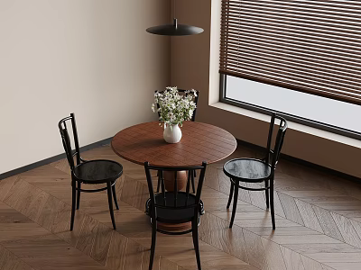 Interior View Of Dining Space With Round Wooden Table White Vase Flowers And Black Chairs 3d model