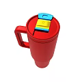 Red Travel Mug With Handle And Blue Yellow Lid Design