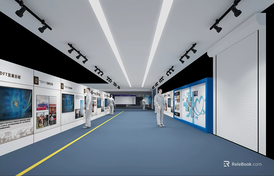 Modern Exhibition Hall Interior With Display Walls Exhibits And Human Models 3d model 