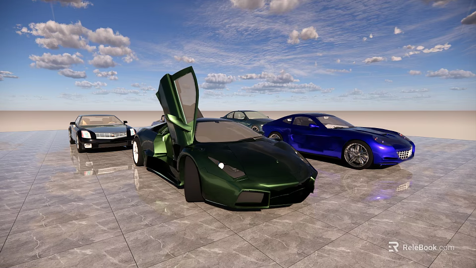 Green Blue Black Luxury Sports Cars With Open Doors In Outdoor View 3d model 