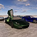 Green Blue Black Luxury Sports Cars With Open Doors In Outdoor View