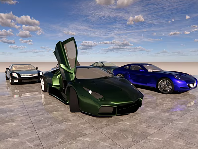 Green Blue Black Luxury Sports Cars With Open Doors In Outdoor View 3d model