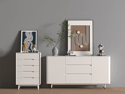 Modern White Dresser with Multiple Drawers Grey Wall Wooden Floor and Decorative Green Plant Ornaments 3d model