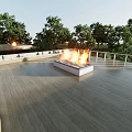Scenic Wooden Platform In Forest With Fire Pit Surrounded By Trees And Rocks