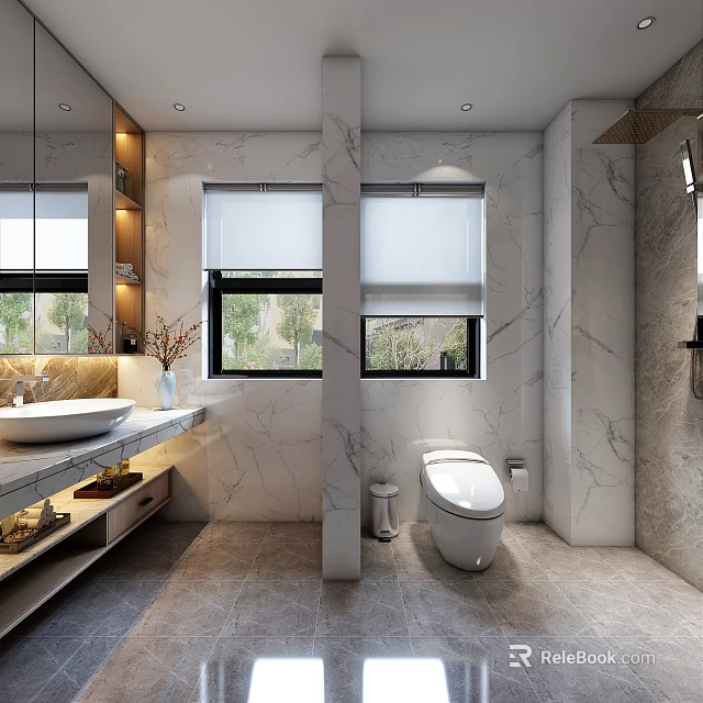 Modern Bathroom Interior With Marble Walls Windows Vanity Toilet And Shower Area 3d model 