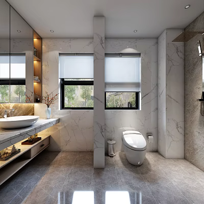 Modern Bathroom Interior With Marble Walls Windows Vanity Toilet And Shower Area 3d model