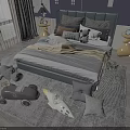 Upholstered Kids Bed with Plush Pillows Cozy Blanket and Toys on Soft Rug