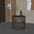Modern Transparent Acrylic Bedside Table With Green Plant Vase And Sculpture