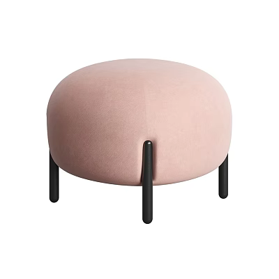 Stylish Pink Velvet Round Ottoman with Black Legs for Modern Living Room 3d model