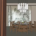 Chinese Style Private Dining Room With Mountain Painting Backdrop And Wooden Furniture
