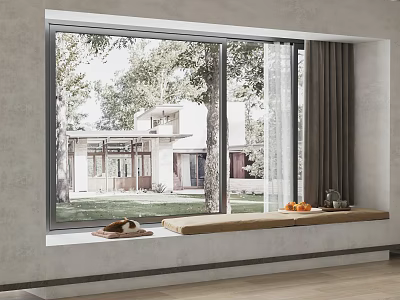 Cozy Bay Window With Window Bench Oranges Teapot Natural Light Overlooking Garden 3d model