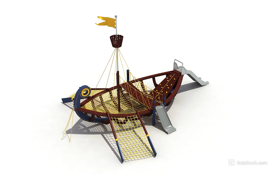 Pirate Ship Playground Structure With Slide Net Rope And Yellow Flag 3d model