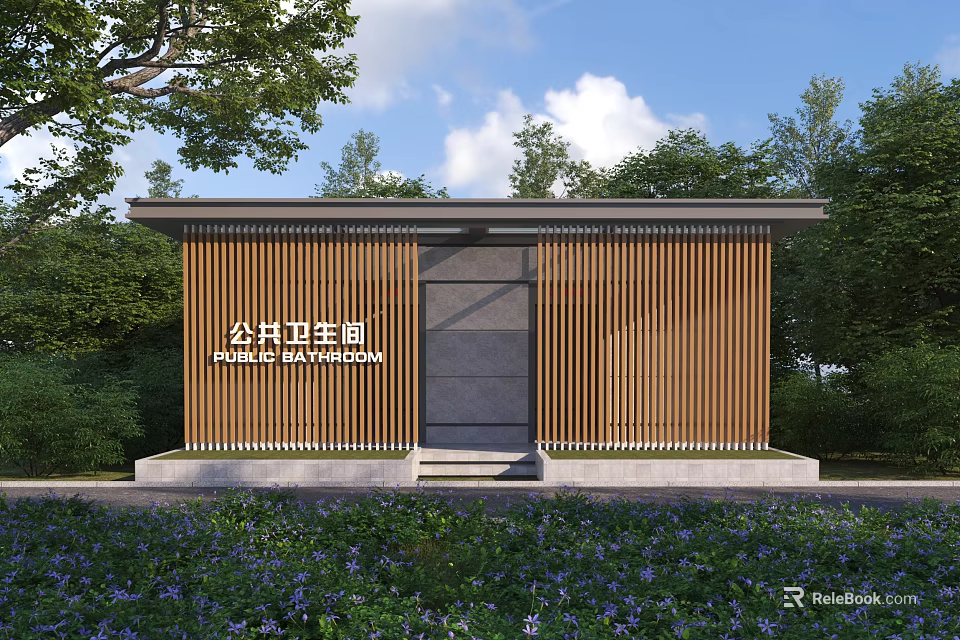 Modern Public Toilet Building With Wooden Slats Exterior And Surrounding Greenery 3d model 