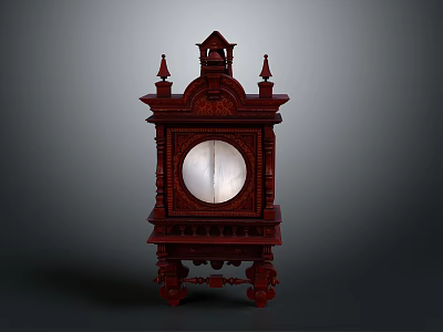 Vintage Red Carved Wooden Clock with Ornate Design and Decorative Details 3d model